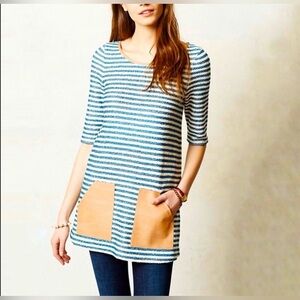 Anthro Postmark Sapony Blue White Striped Faux Leather Pocket Tunic Dress Small